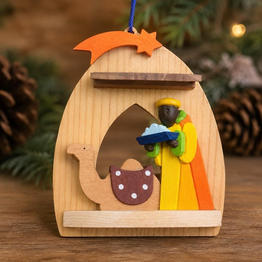 VTG Handcrafted Wooden Nativity Ornament Holy Family Christmas Ornament Folk Art